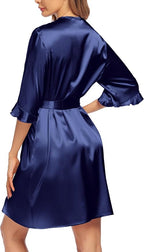 Ekouaer Women's Satin Robe Valentines Lingerie for Women Kimono Bathrobe Short Ruffle Belted Robes Bridesmaids Sleepwear