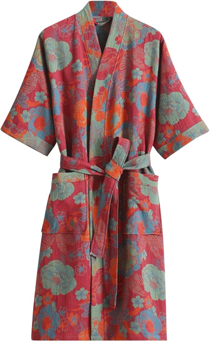 Womens Boho Floral Print Robe Lightweight Short Sleeve Bathrobe Soft Kimono Robes V-neck Loungewear with Pockets