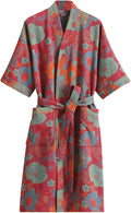 Womens Boho Floral Print Robe Lightweight Short Sleeve Bathrobe Soft Kimono Robes V-neck Loungewear with Pockets