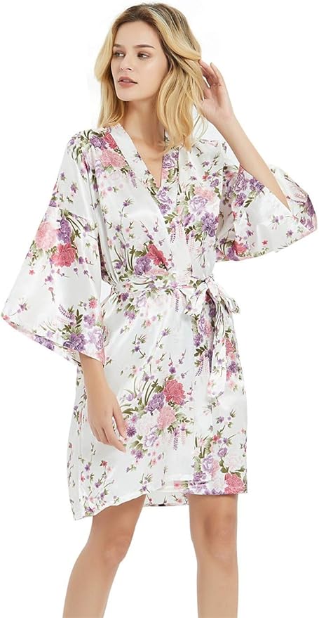 Women's Satin Robes Floral Bridesmaid Robes Short Silk Kimonos Sleepwear