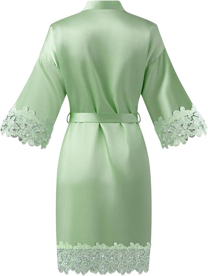 Womens Short Satin Robe Lace Trim Silk Kimono Sleepwear Bridesmaid Robes for Bride Wedding Party Nightgown