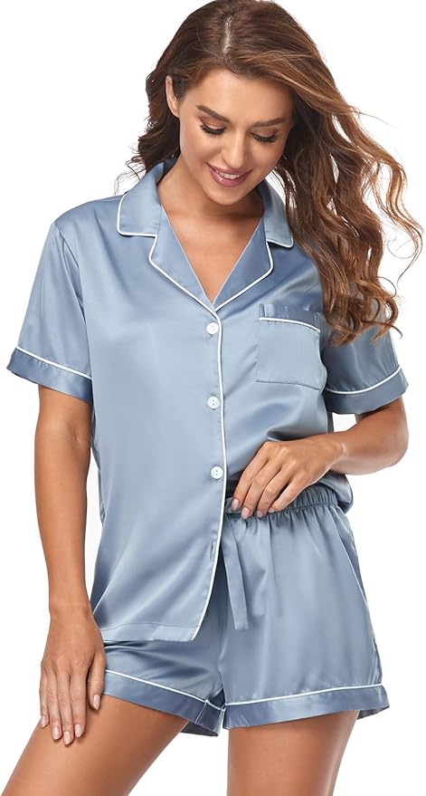 Serenedelicacy Women's Satin Pajama Set 2-Piece Sleepwear Loungewear Button Down Short Sleeve Silky PJ Set