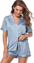 Serenedelicacy Women's Satin Pajama Set 2-Piece Sleepwear Loungewear Button Down Short Sleeve Silky PJ Set