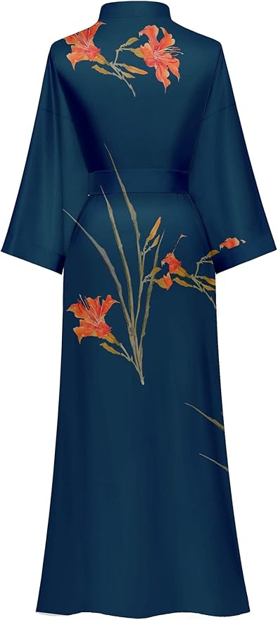 Kihnop Women's Floral Long Kimono Robe Long Satin Robe Long Silk Robe Ladies Kimonos Silky Bathrobe Cover Up, One Size