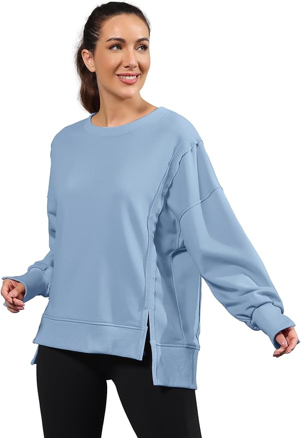 Nirovien Womens Oversized Crewneck Sweatshirt Side Slit Long Sleeve Pullover Slouchy Fit Tops
