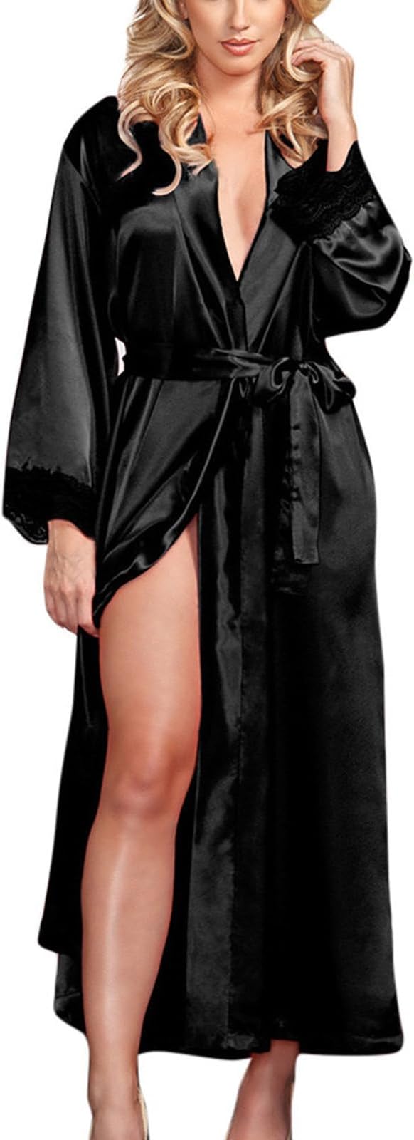 Women Kimono Robes Sexy Silk Satin Long Bathrobe Lightweight Soft Nightgown Elegant Sleepwear V-Neck Loungewear Pjs