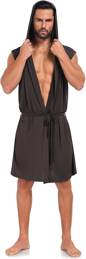 VintageClothing Men's Summer Robe with Hooded Lightweight Bathrobe House Kimono Sleeveless Sexy Sleepwear Pajamas