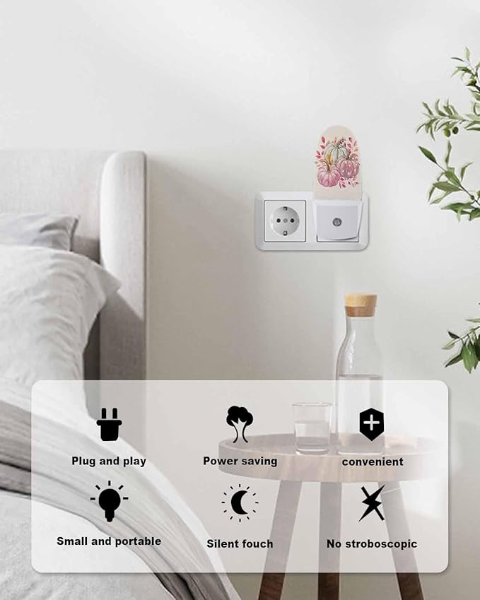 Night Light Plug into Wall, Fall Thanksgiving Day Peach Gray Pumpkins Botanical Leaves Hand Painted Beige Popsicle Shape Night Light LED Nightlight with Light Sensors for Kids Bedroom Hallway