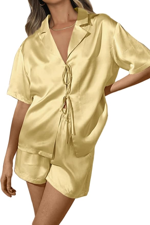 CHYRII Women's Silk Satin Pajamas Sets Tie Front Short Sleeve Tops and Shorts Two Piece Pj Sets Sleepwear