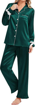 SWOMOG Womens Silk Satin Pajamas Set Long Sleeve Button Down Sleepwear 2 Piece Lounge Set Pj Set XS-3XL