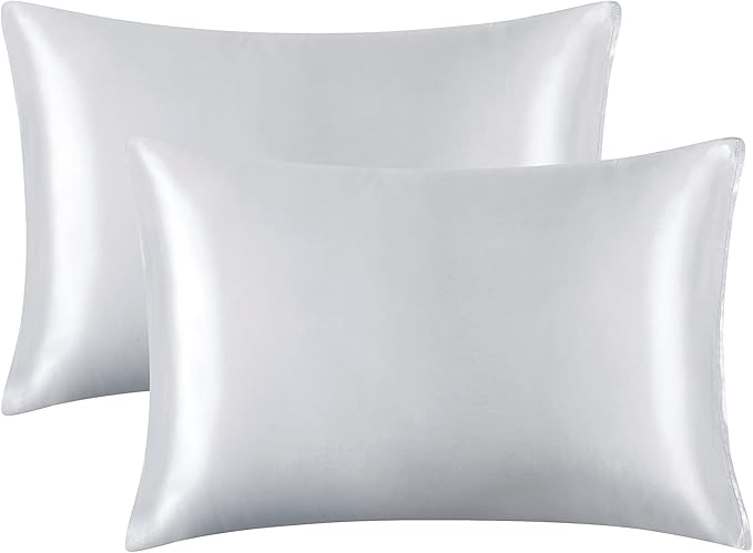 Light Gray Satin Pillowcase Standard Set of 2 with Envelope Closure，Light Gray Silk Pillowcase for Hair and Skin (20x26)