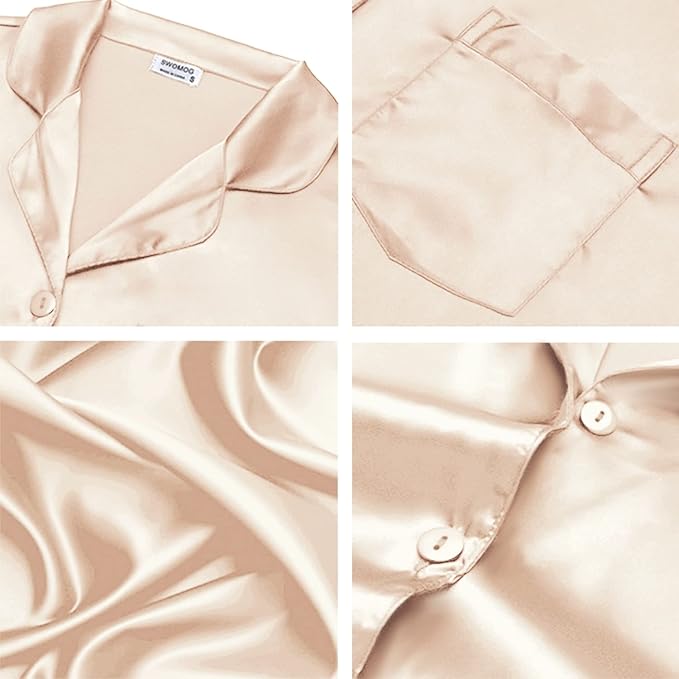 SWOMOG Long Sleeve Pajamas Set Silk Satin Sleepwear Button Down Pjs Loungewear with Pocket