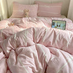 Nayoroom Pink Bow Duvet Cover Queen Size Kids Girls Cute Coquette Bedding Set 3 Pcs Soft Microfiber Reversible White Striped Comforter Cover Gifts for Women