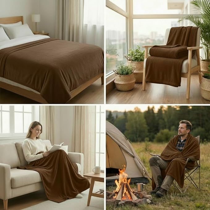 Fleece Blanket Full/Queen - 80x90 Inch Lightweight & Buttery-Soft Throw for Bed, Sofa, Camping | 300GSM Cloud-Touch Microfiber | Cozy Essentials for Travel & Movie Nights, (Brown)