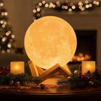 Mydethun 3D Moon Lamp, 9.6' Large Night Light with Wooden Base, Touch-Dimmable & Rechargeable, Gift for Mom, Bedroom, Home Décor, Dual-Color White/Warm Yellow