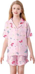 Umeyda Girls & Women Satin Pajamas Set Button Down 2 Piece Silk Pjs Shorts Set Ruffle Sleepwear, 5 Years-Women L