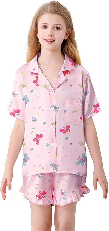 Umeyda Girls & Women Satin Pajamas Set Button Down 2 Piece Silk Pjs Shorts Set Ruffle Sleepwear, 5 Years-Women L