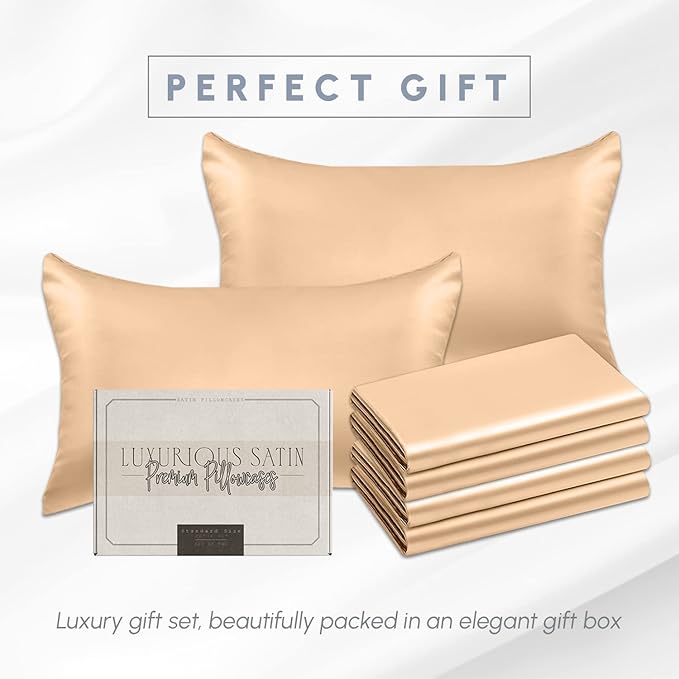 Elegant Comfort 6-Pack Champagne Satin Pillowcase Set with Hidden Zipper Closure, Silky Smooth for Hair and Skin Care - Standard/Queen