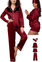 WJing Yi Jia 5Pcs XS-XXL Womens Silk Satin Pajamas Sets Long Pj Sets Button Down Pjs Set Loungewear Sleepwear