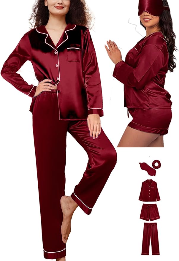 WJing Yi Jia 5Pcs XS-XXL Womens Silk Satin Pajamas Sets Long Pj Sets Button Down Pjs Set Loungewear Sleepwear