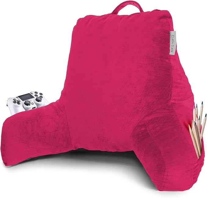 Clara Clark Reading Pillow with Shredded Memory Foam for Sitting Up in Bed and Couch, Back and Arms Adjustable Support for Adults & Teens Backrest Pillows for Reading, with Washable Cover Hot Pink