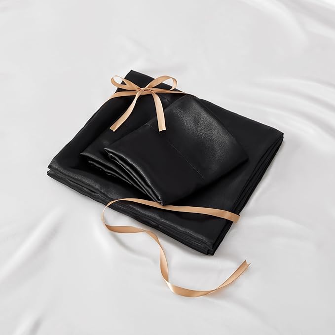 BEDELITE Satin Sheets Twin XL Size Bed Set, Luxury Soft Black Silky Sheets for Hair and Skin, Similar to Silk Bed Sheets Set 3 Pieces with 1 Deep Pocket Fitted Sheet, 1 Flat Sheet, and 1 Pillowcase