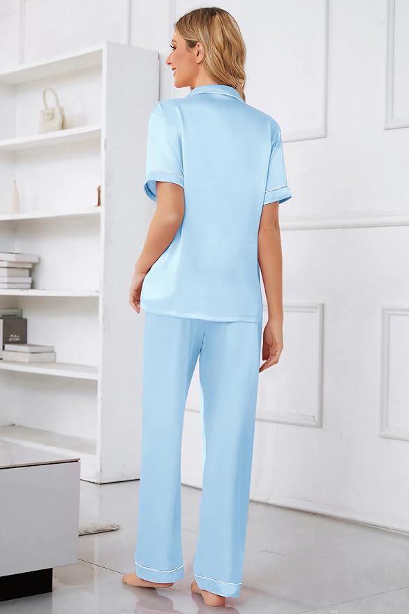 Umeyda Girls Womens Pajamas Set, Satin Silky Button Down Loungewear 2 Piece Short Sleeve Pants PJS Sets for Mommy Kids