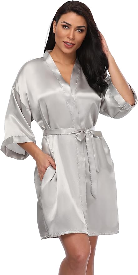 Women's Short Silky Robes Womens Satin Bathrobe Bride Bridesmaid Wedding Party Sleepwear Loungewear