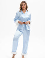 MORFORU Satin Pajama Set for Women Feather Trim Long Sleeve Pjs with Sleep Mask Headband Scrunchie Sleepwear Lounge Set