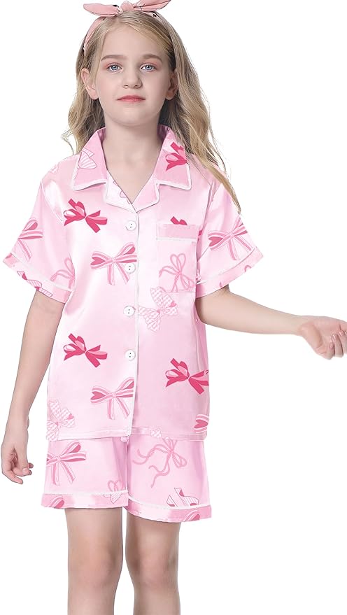 Umeyda Women & Girls Pajamas Set, Soft Satin Lightweight Silk Button-Down Top with Shorts 2 Piece PJS for Mom Boys Kids Gifts