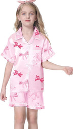 Umeyda Women & Girls Pajamas Set, Soft Satin Lightweight Silk Button-Down Top with Shorts 2 Piece PJS for Mom Boys Kids Gifts