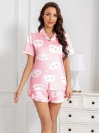 Umeyda Girls & Women Satin Pajamas Set Button Down 2 Piece Silk Pjs Shorts Set Ruffle Sleepwear, 5 Years-Women L