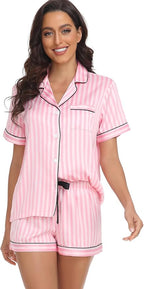 Serenedelicacy Women's Satin Pajama Set 2-Piece Sleepwear Loungewear Button Down Short Sleeve Silky PJ Set