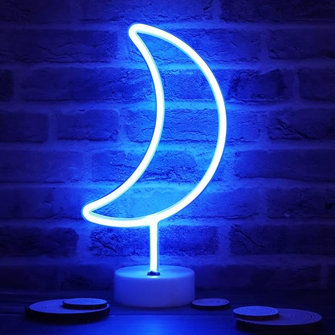 Neon Moon Lights, LED Moon Decor Neon Signs Crescent Night Lights Art Decorations Lamp for Party Supplies, Children Kids Girls Gift-Holder Base(Blue)
