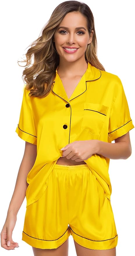 SWOMOG Womens Silk Satin Pajamas Set Short Sleeve Sleepwear Button Down Top and Shorts Loungewear 2 Piece Pjs Set XS-3XL