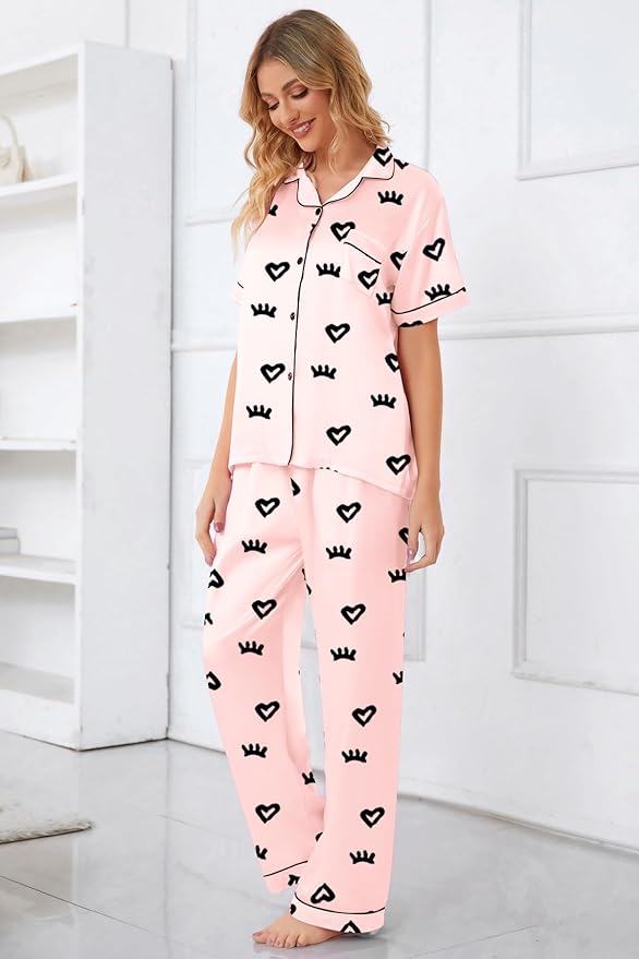 Umeyda Girls Womens Pajamas Set, Satin Silky Button Down Loungewear 2 Piece Short Sleeve Pants PJS Sets for Mommy Kids