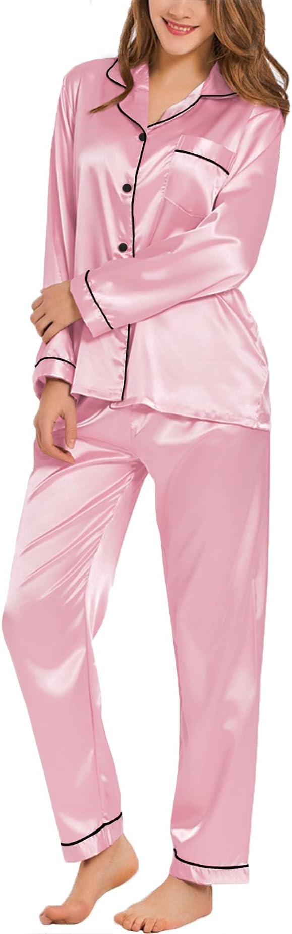 SWOMOG Womens Silk Satin Pajamas Set Long Sleeve Button Down Sleepwear 2 Piece Lounge Set Pj Set XS-3XL