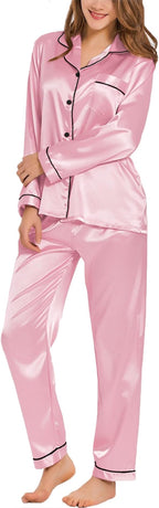 SWOMOG Womens Silk Satin Pajamas Set Long Sleeve Button Down Sleepwear 2 Piece Lounge Set Pj Set XS-3XL