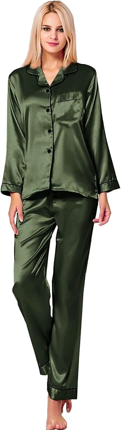 SWOMOG Womens Silk Satin Pajamas Set Long Sleeve Button Down Sleepwear 2 Piece Lounge Set Pj Set XS-3XL
