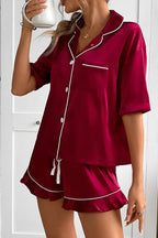 CHYRII Women's Silk Satin Pajamas Two Piece Pj Sets Short Sleeve Tops Ruffled Shorts Sleepwear with Magnetic Diffuser