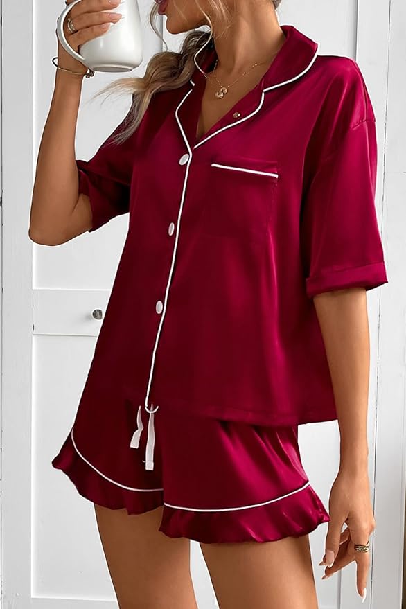 CHYRII Women's Silk Satin Pajamas Two Piece Pj Sets Short Sleeve Tops Ruffled Shorts Sleepwear with Magnetic Diffuser