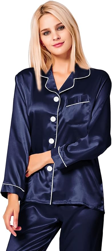 SWOMOG Womens Silk Satin Pajamas Set Long Sleeve Button Down Sleepwear 2 Piece Lounge Set Pj Set XS-3XL