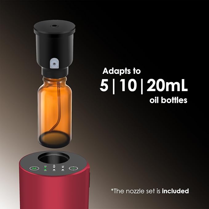 Waterless Essential Oil Diffuser, Battery Powered Mini Scent Air Machine, Aromatherapy Mist Diffuser for Home Room Car Office (Red Aluminum Alloy)