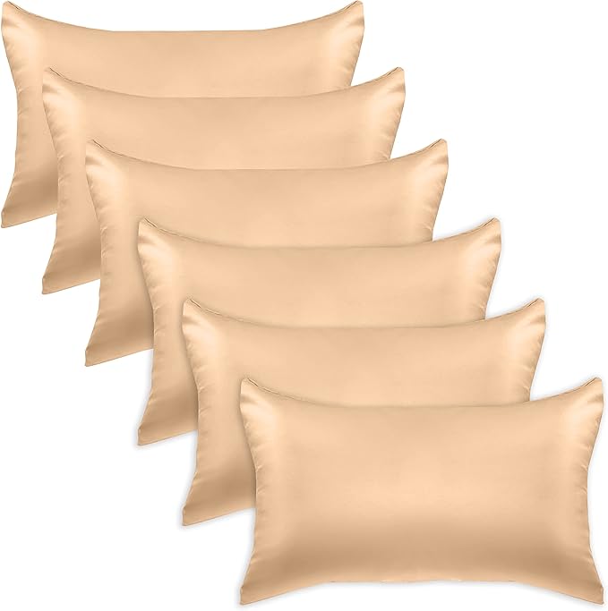 Elegant Comfort 6-Pack Champagne Satin Pillowcase Set with Hidden Zipper Closure, Silky Smooth for Hair and Skin Care - Standard/Queen