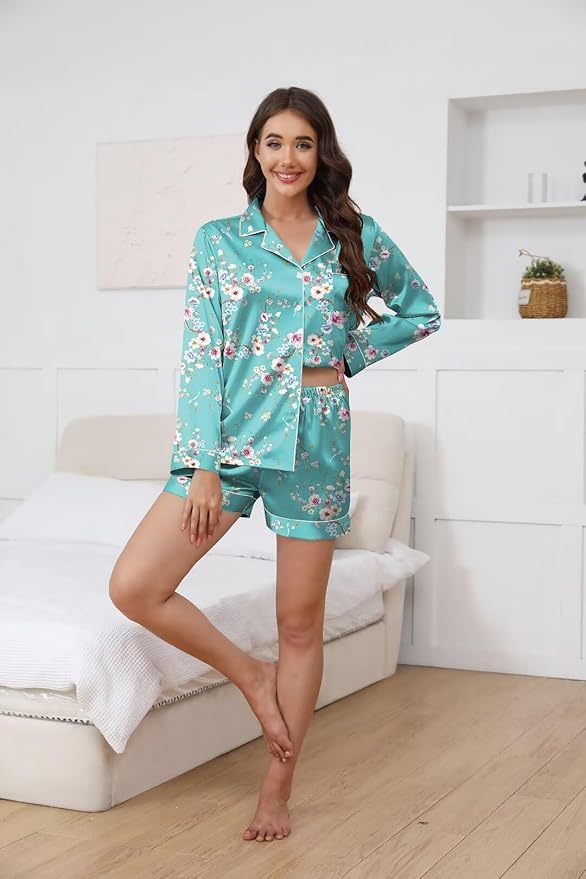 Ekouaer Satin Pajama Set for Women Button Down Pj Set Long Sleeve Top and Shorts 2 Piece Loungewear Summer Soft Sleepwear
