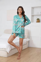 Ekouaer Satin Pajama Set for Women Button Down Pj Set Long Sleeve Top and Shorts 2 Piece Loungewear Summer Soft Sleepwear