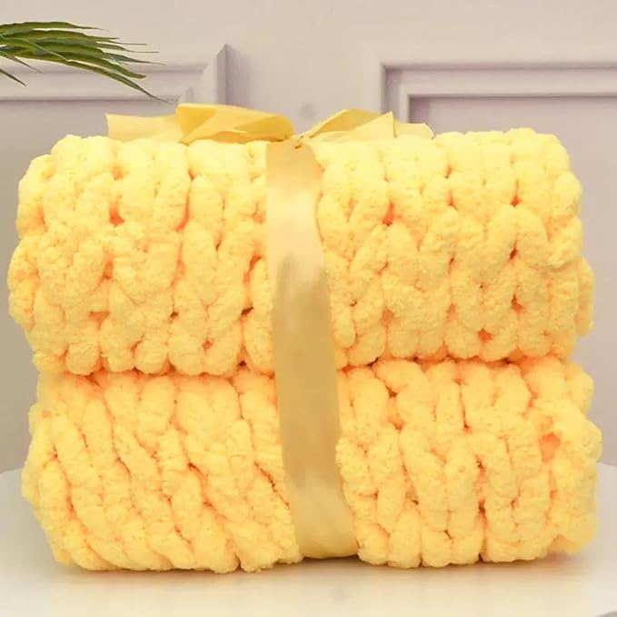 Wttfc Chunky Knit Throw Blanket, Handmade Soft Chenille Yarn Throw Blanket, Thick Cable Knitted Blankets, Large Rope Knot Crochet Blankets for Couch Sofa Bed Home Decor,Yellow,100x120cm
