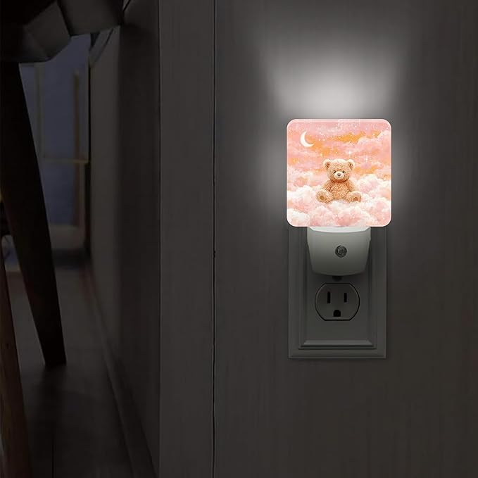 Bear Night Lights Plug Into Wall, Cute Fanciful Moon Clouds Winter Peach Energy Saving Automatic Led Night Lights for Guest Room Basement Office Decor 1pcs