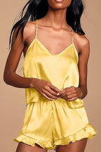 CHYRII Women's Sexy Silk Satin Ruffled Pajamas Sets Cami Shorts Sets Sleepwear