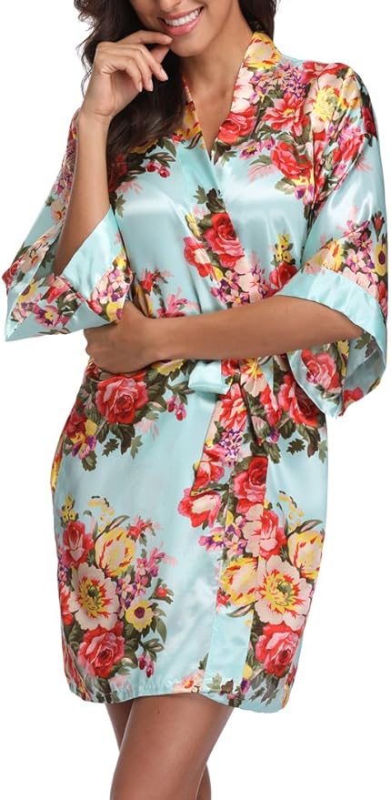 Women's Floral Satin Robes Bride Bridesmaid Getting Ready Robe Short Silky Kimono Sleepwear for Wedding Party